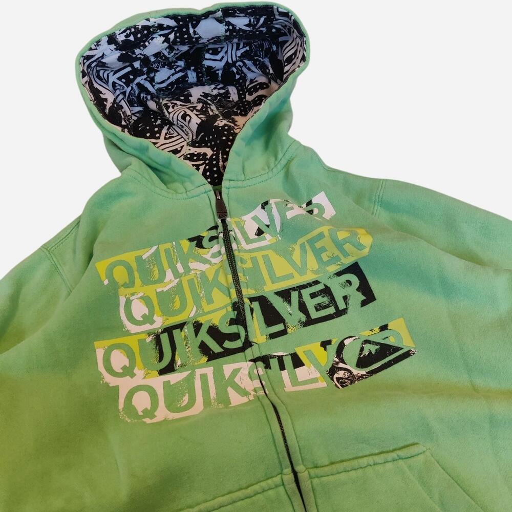 Y2K Quiksilver green zip up hoodie with front and back details - Picture 3 of 8